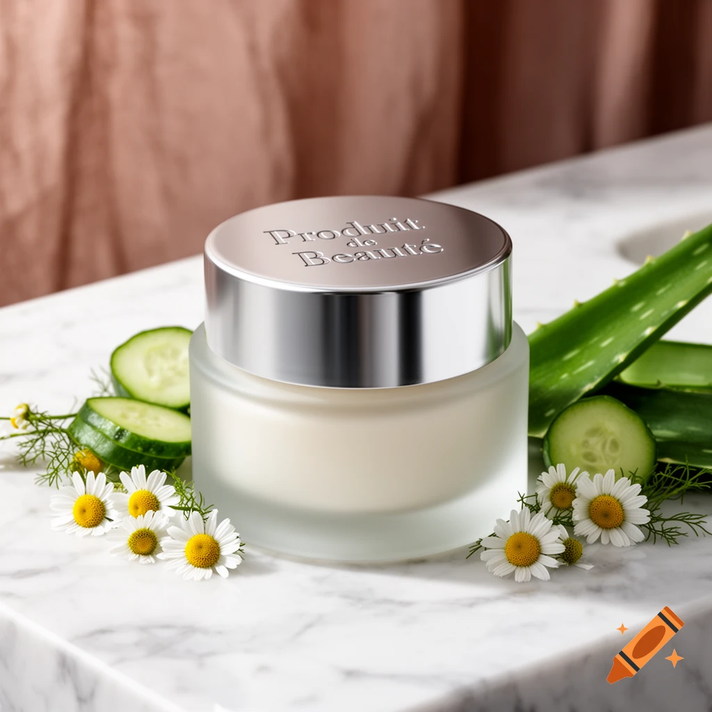 A frosted cream jar with a silver lid on a marble surface, surrounded by cucumber slices, aloe vera, and chamomile flowers.