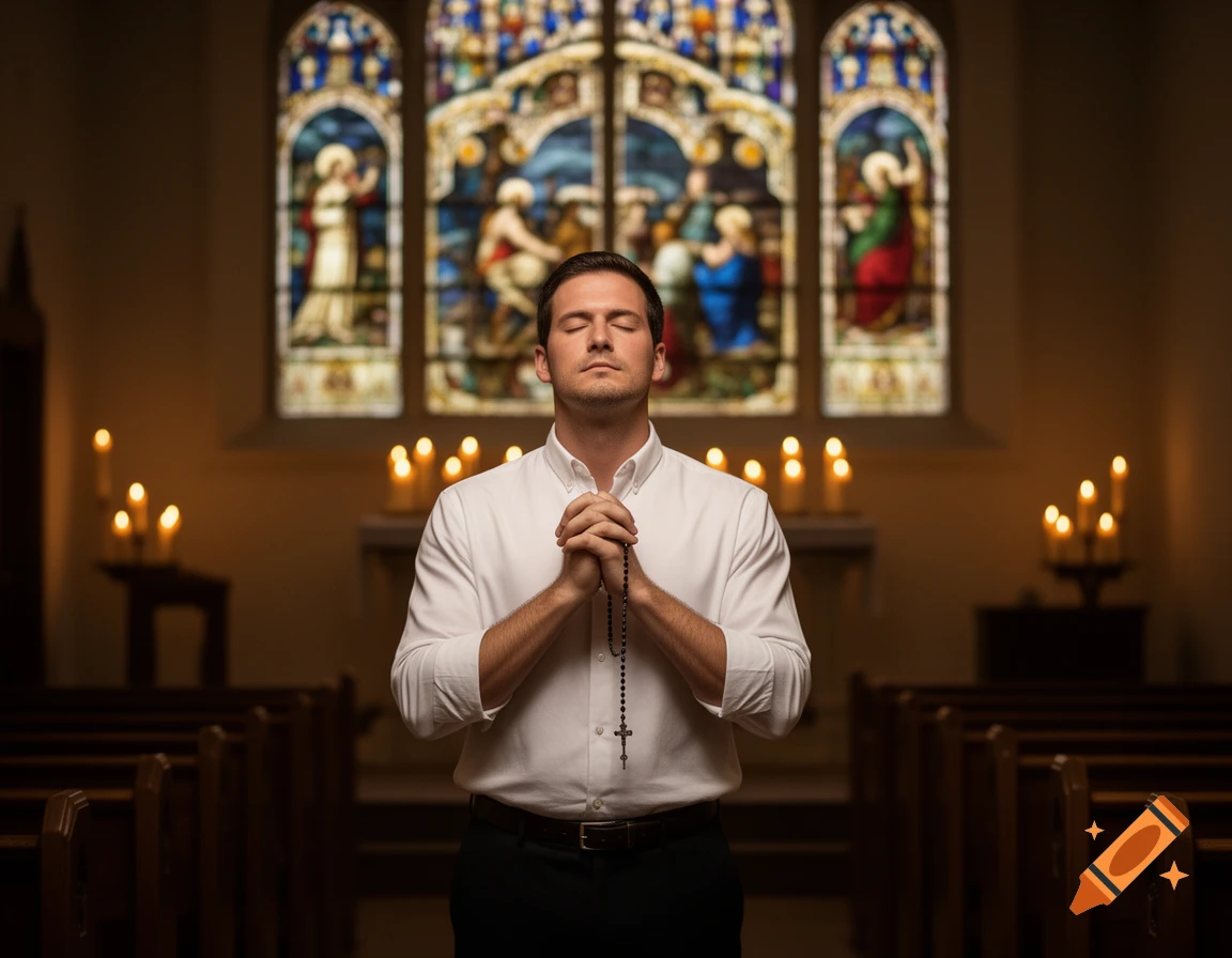 A man with eyes closed, holding a rosary and praying in a church with stained glass windows and lit candles.