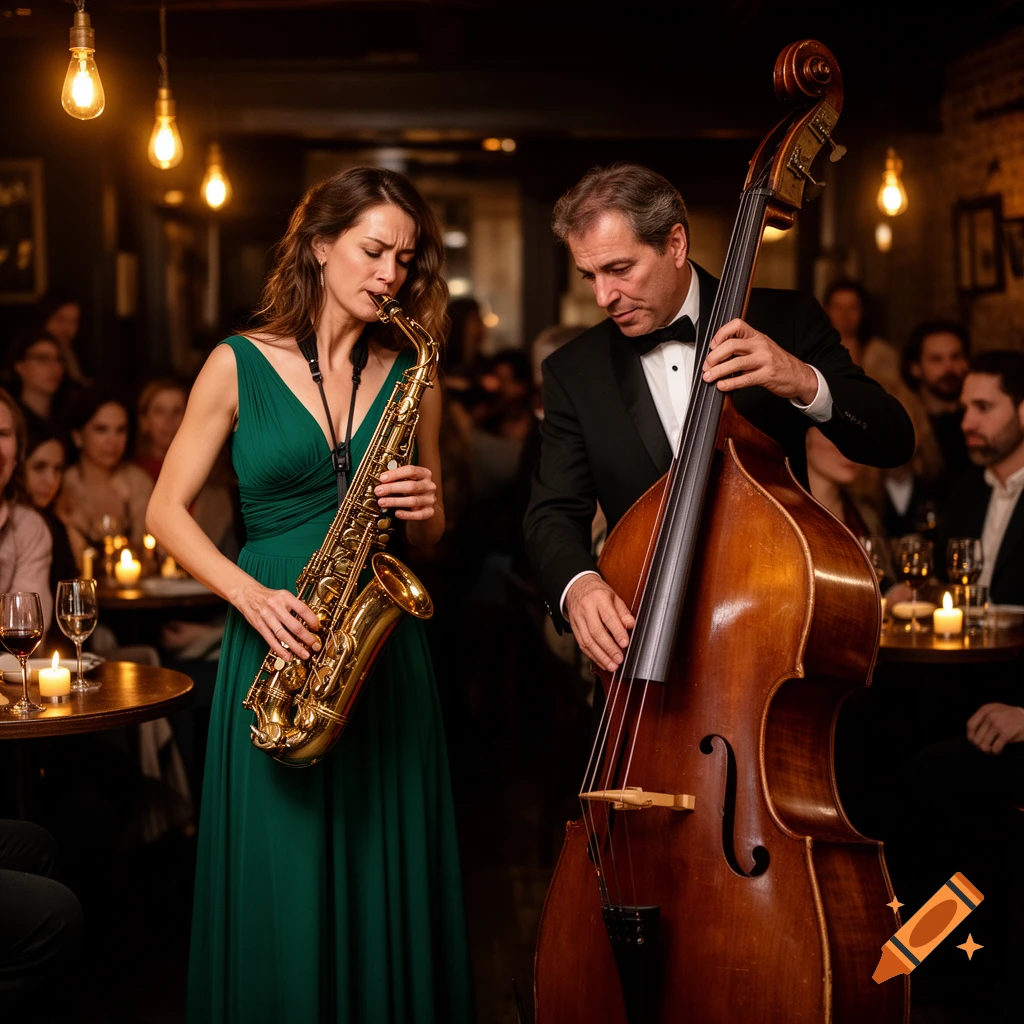 A woman in a green dress plays the saxophone next to a man in a tuxedo playing an upright bass in a dimly lit bar, photorealistic style.
