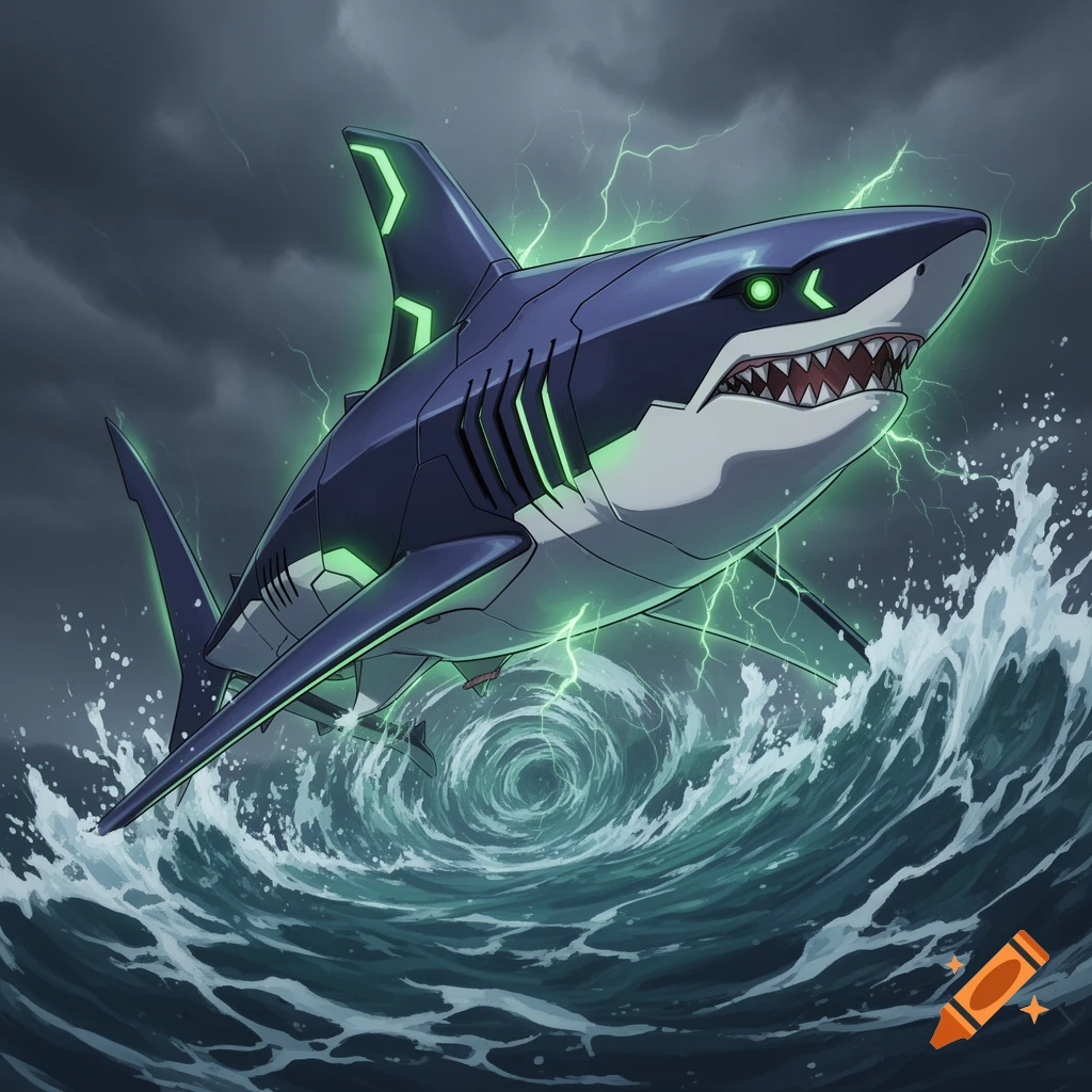 An anime-style dark blue shark with glowing neon green accents leaps from stormy, turbulent water under a lightning-filled sky.