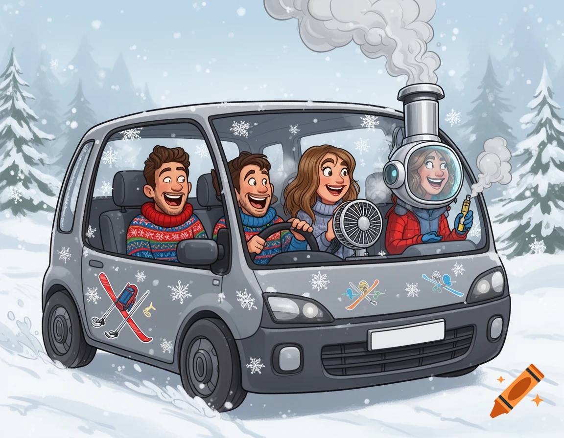 A funny cartoon of two men and two women in a car driving through a snowy landscape. One woman in the back wears a helmet and vapes.
