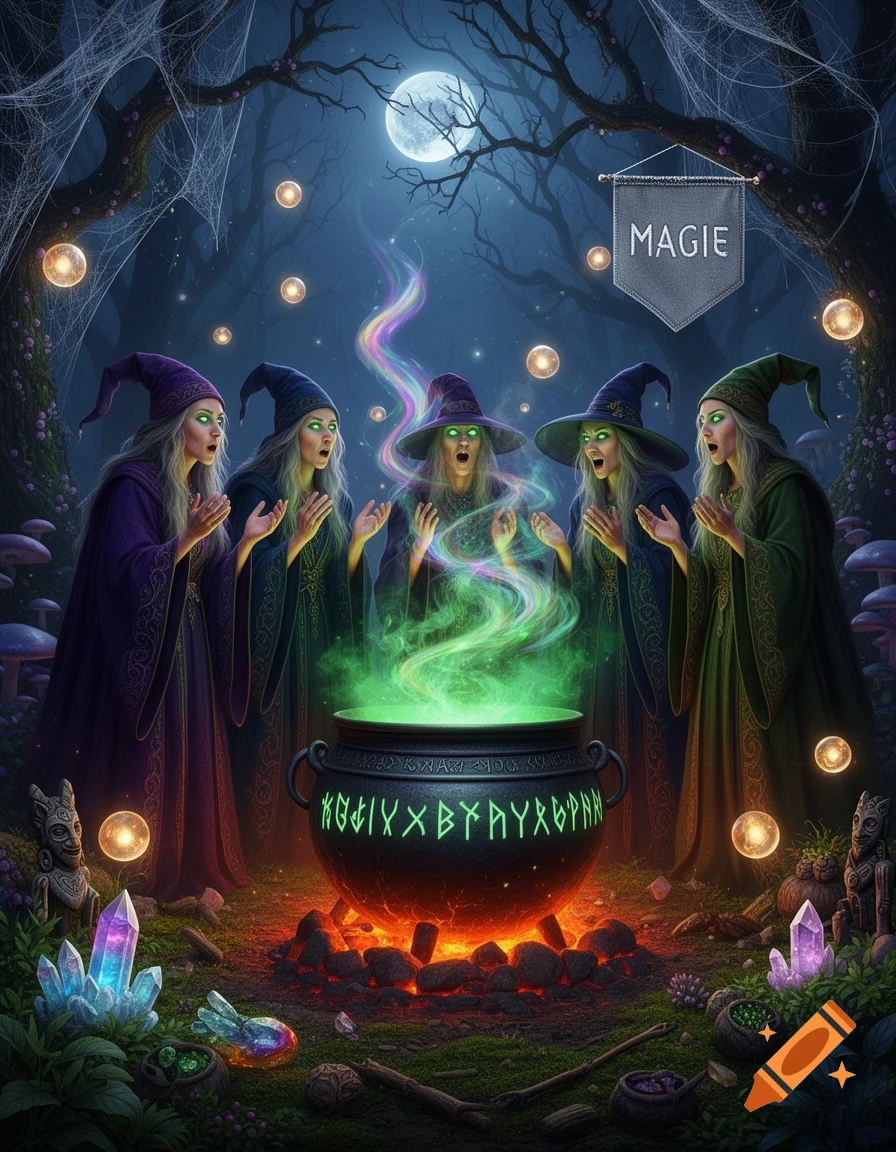 Five witches with glowing eyes gather around a cauldron emitting green and purple smoke in a dark, moonlit forest, surrounded by crystals and glowing orbs. A banner above reads "MAGIE".