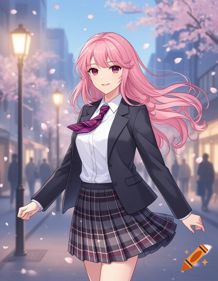 An anime girl with pink hair in a school uniform walks smiling down a city street as cherry blossoms fall.