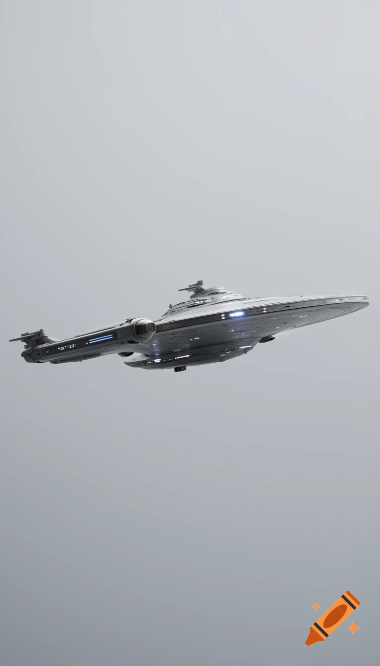 A sleek, grey spaceship with glowing blue accents flies across a light grey background.