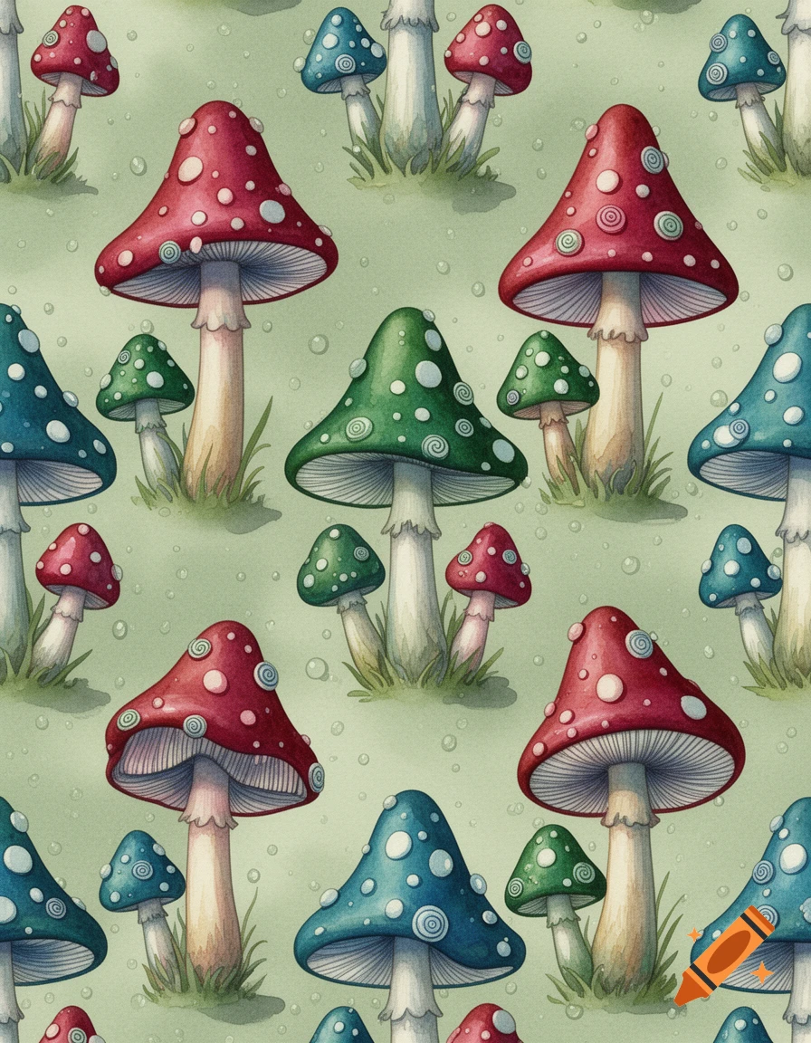 A seamless watercolor pattern featuring various red, green, and blue spotted mushrooms on a light green background with faint bubbles.