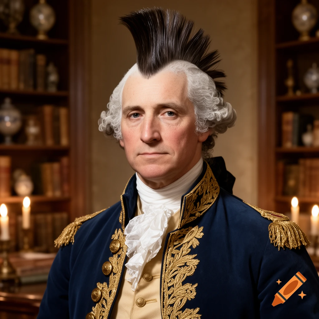 A photorealistic portrait of George Washington wearing a blue and gold military uniform and a black mohawk, in a library setting.