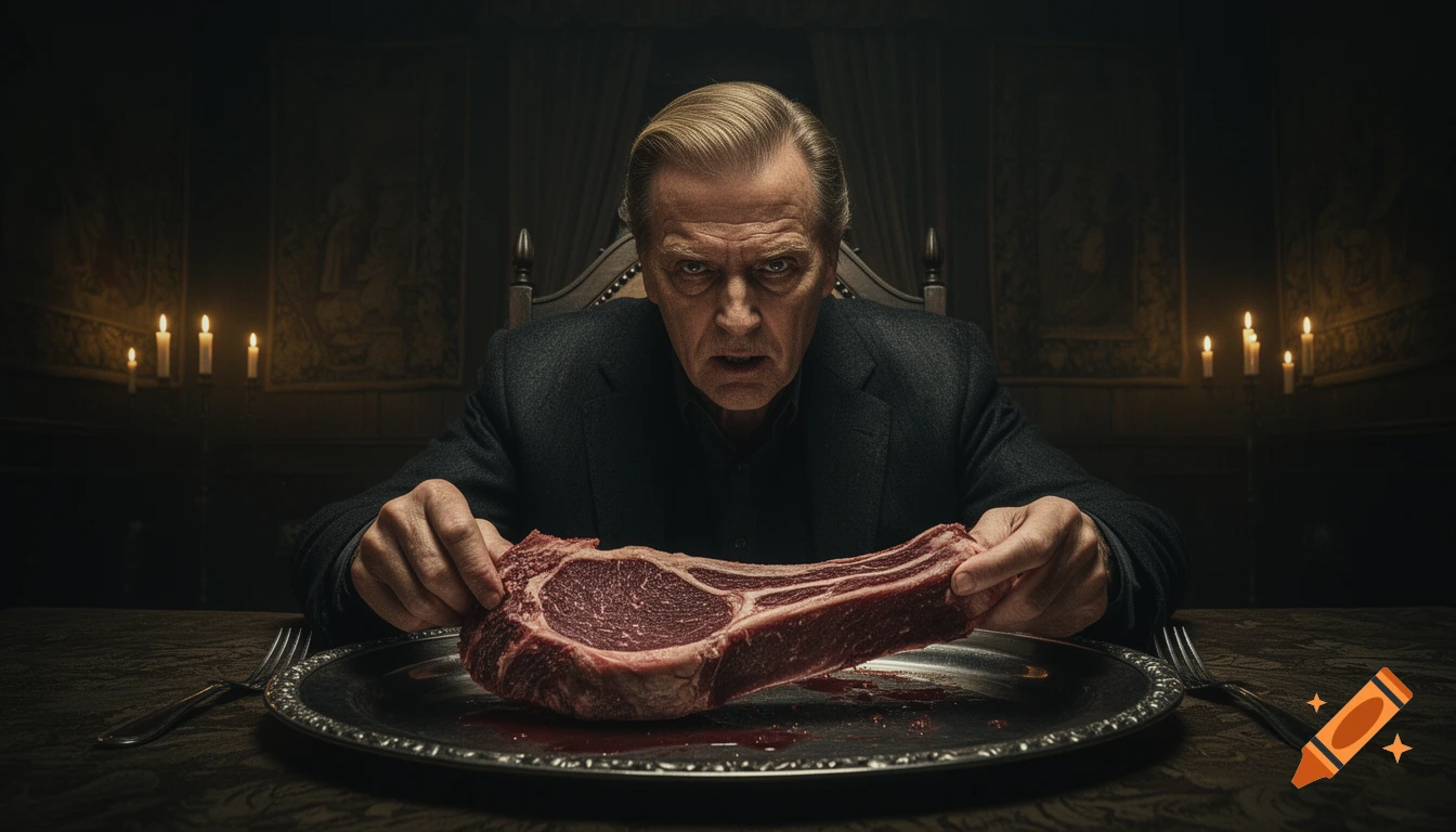 A stern man in a dark room intensely examines a large raw steak on a silver platter, lit by candlelight.