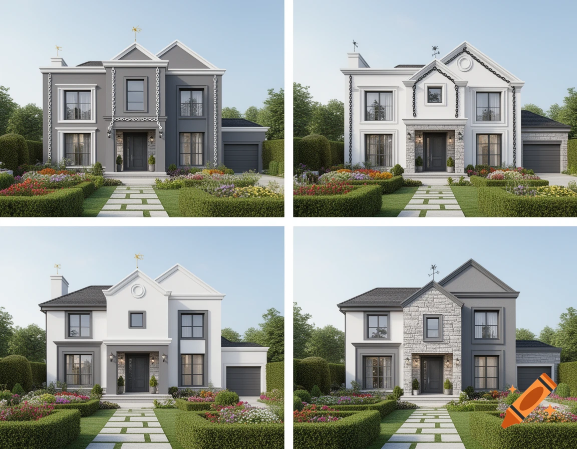 Four photorealistic modern houses with diverse architectural details, each featuring a manicured garden and a garage.
