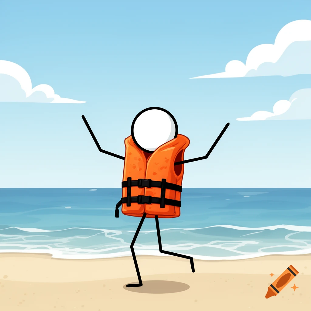 A cartoon stickman wearing an orange life jacket walks on a sandy beach with the ocean and blue sky in the background.