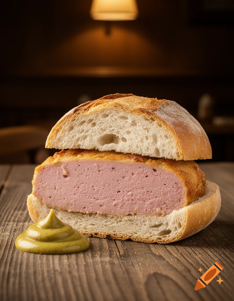 A Leberkässemmel sandwich, cut in half, with a dollop of mustard on a wooden table in a dimly lit setting. Photorealistic.