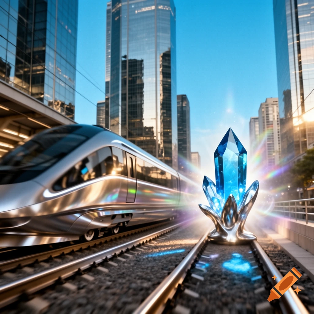 A silver high-speed train rushes through a modern city, passing a large glowing blue crystal on the train tracks.