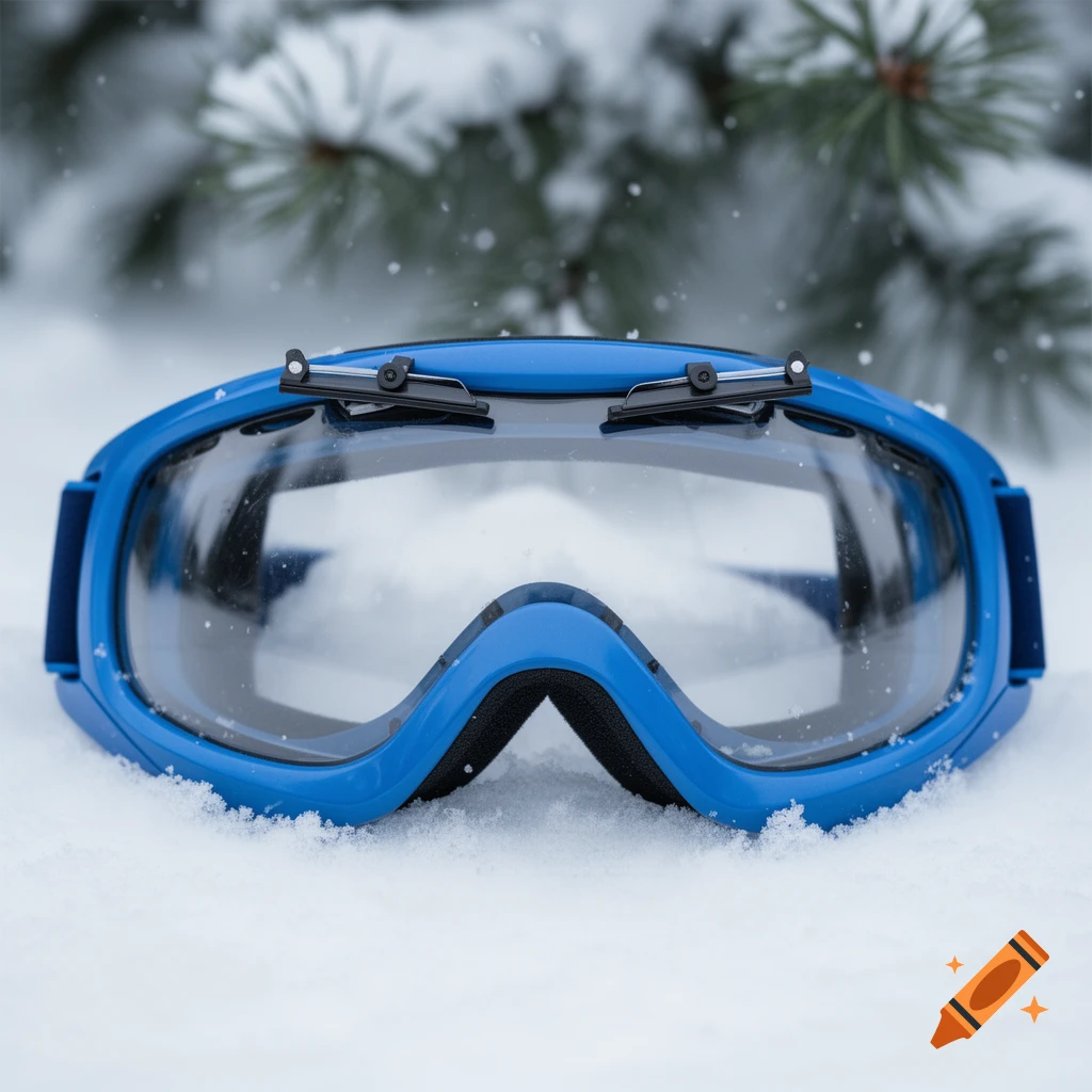 Blue ski goggles with small wipers on the clear lens, resting in fresh snow.