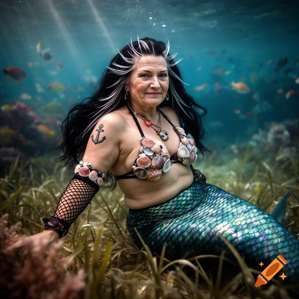 A photorealistic image of a 60-year-old punk-rock mermaid with black and white hair, a shell bra, an anchor tattoo, and a green scaled tail, sitting in an underwater environment with seaweed and fish.