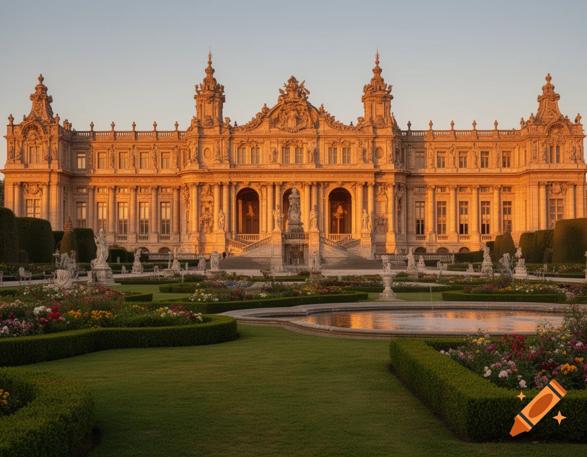 A grand ornate palace with elaborate formal gardens and a fountain, bathed in golden light at sunset.