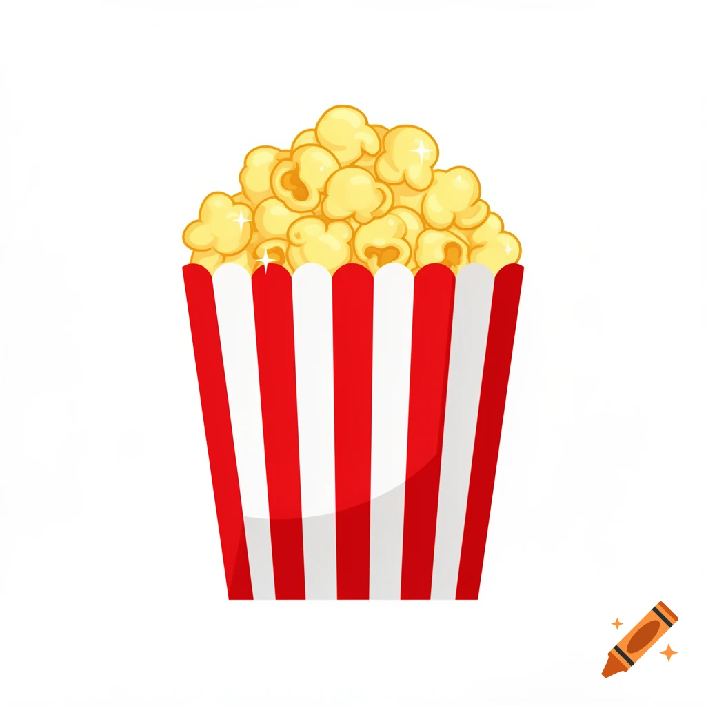 Clipart of a red and white striped popcorn bucket filled with golden kernels.