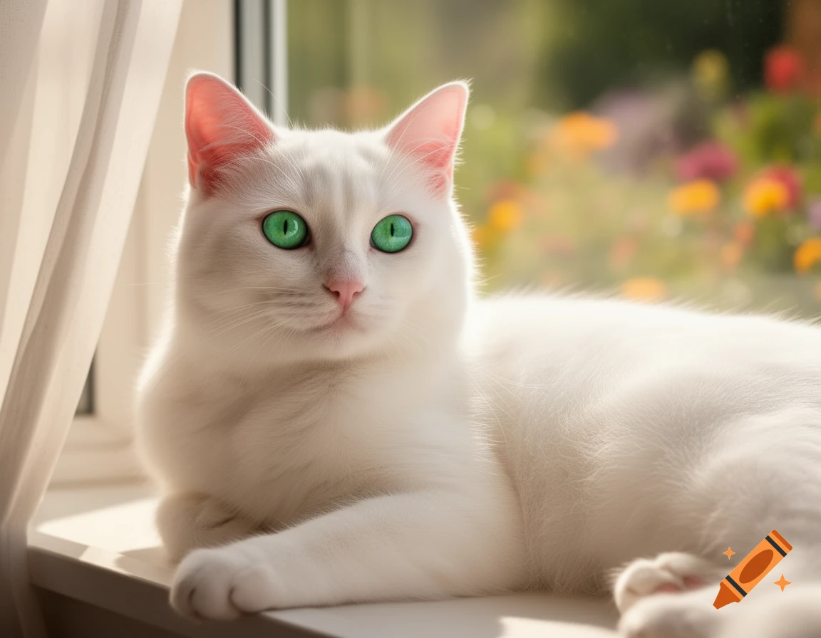 A white cat with vibrant green eyes lies on a sunlit windowsill ...