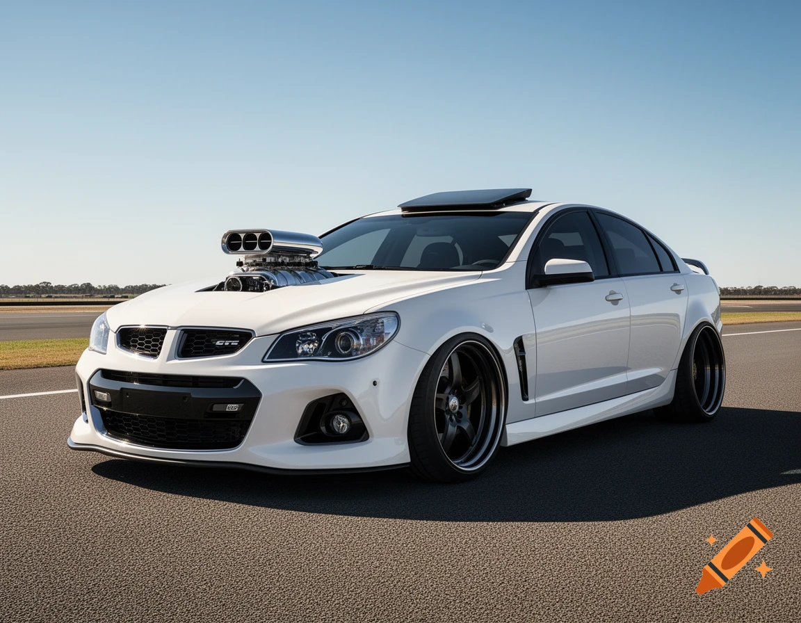 A white modified HSV GTS sedan with a supercharger, slick tires, and a sunroof, on an asphalt track under a clear sky.