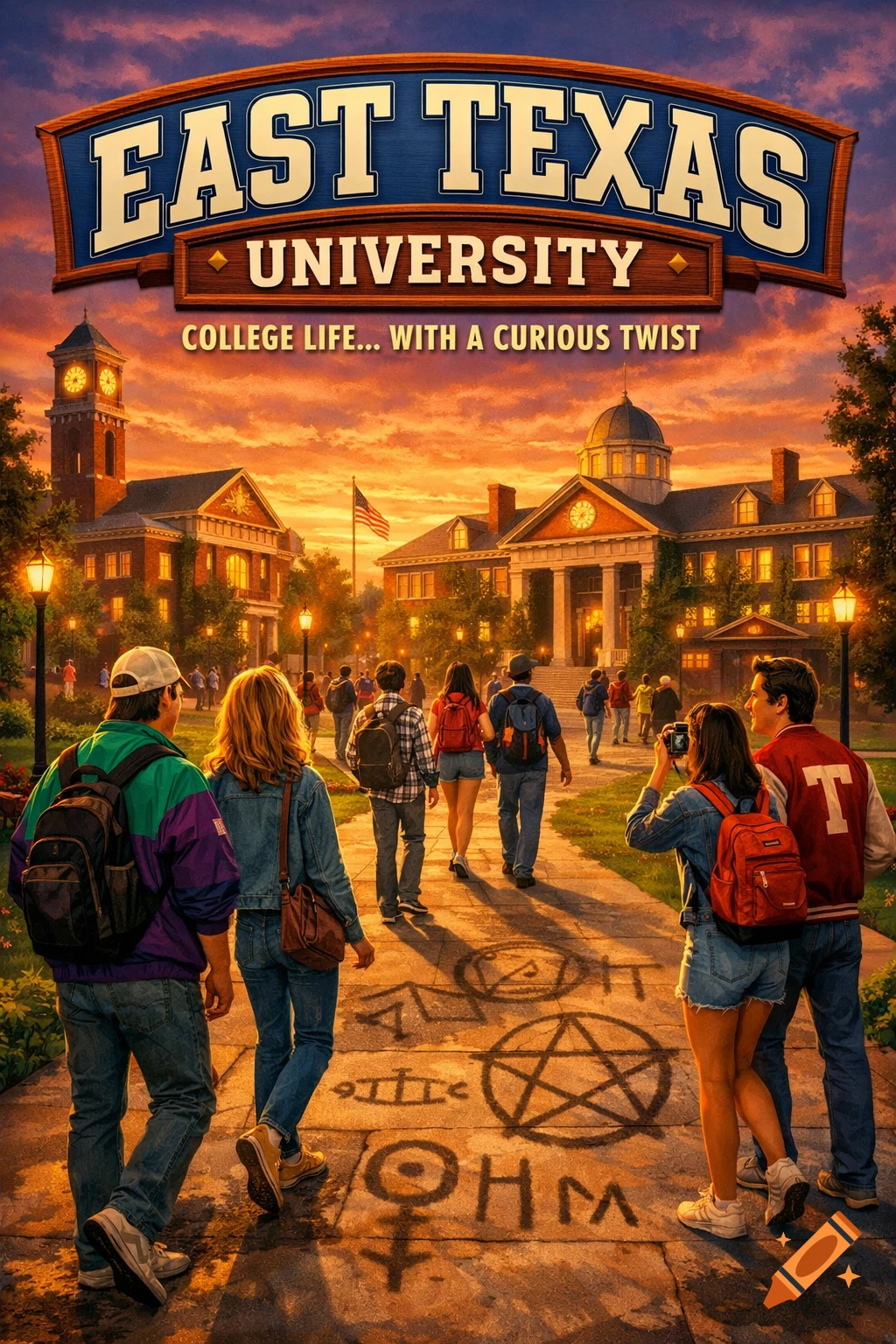 Illustrated poster for 'East Texas University' RPG, showing students walking on a campus path with occult symbols at sunset.