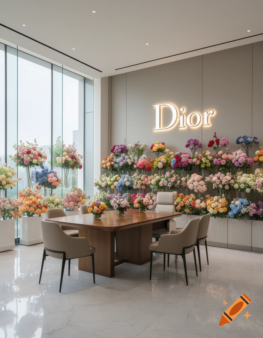A modern office or showroom with a glowing Dior sign on a gray wall, surrounded by vast displays of colorful artificial flowers. A wooden conference table and chairs are in the foreground, with large windows to the left.