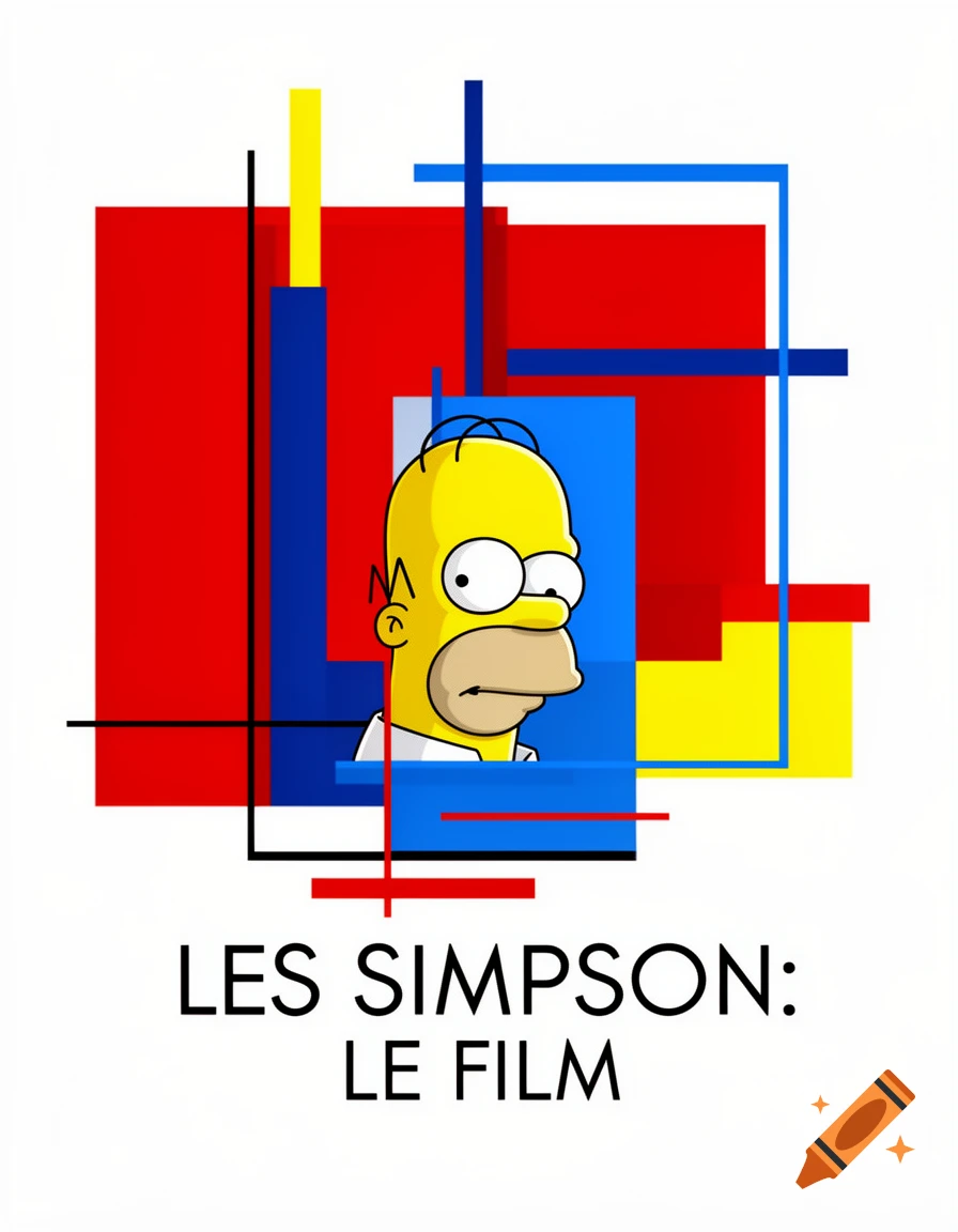 Homer Simpson's head in a blue rectangle, surrounded by red, yellow, and blue geometric shapes on a white background, in a Bauhaus style movie poster. Text reads 'LES SIMPSON: LE FILM'.