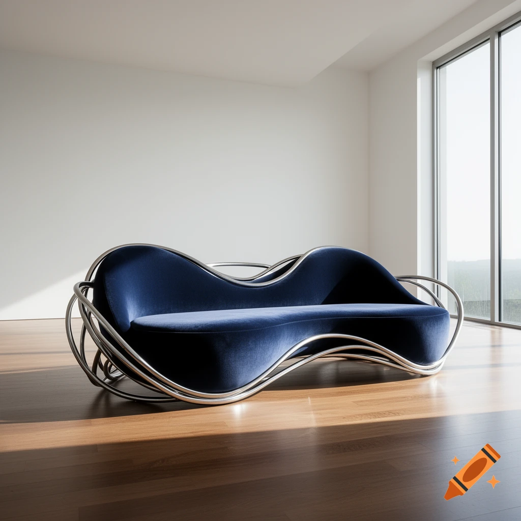 A futuristic dark blue velvet sofa with a chrome wavy frame sits on a wooden floor in a minimalist room with large windows.