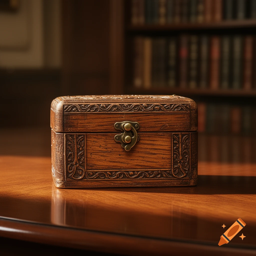 A close-up, photorealistic shot of an ornate wooden box with a brass clasp, resting on a polished wooden table in a dimly lit library.