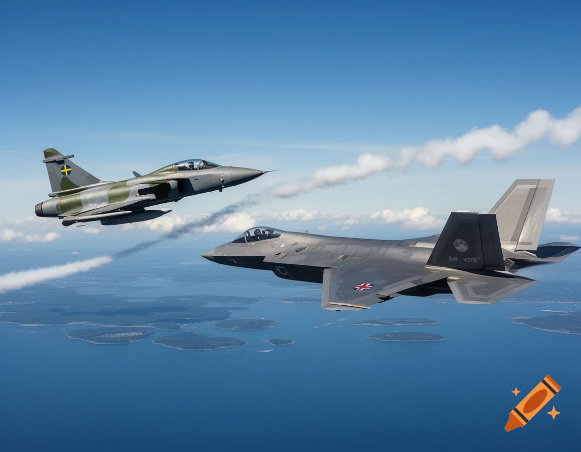 A Swedish Gripen fighter jet and a dark F-35 fly over an ocean with islands under a blue sky with white clouds.