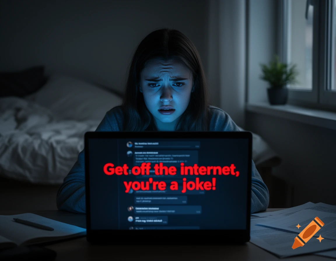 A distressed young woman looks at a laptop screen displaying a cyberbullying message in a dimly lit room.