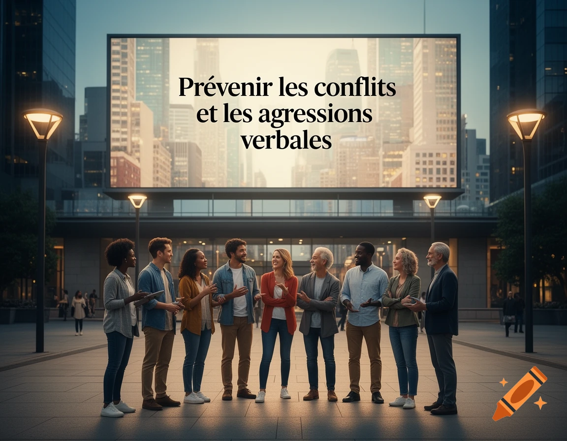 A diverse group of people stand on a modern city street, looking at a large billboard with the text 'Pr évenir les conflits et les agressions verbales'.