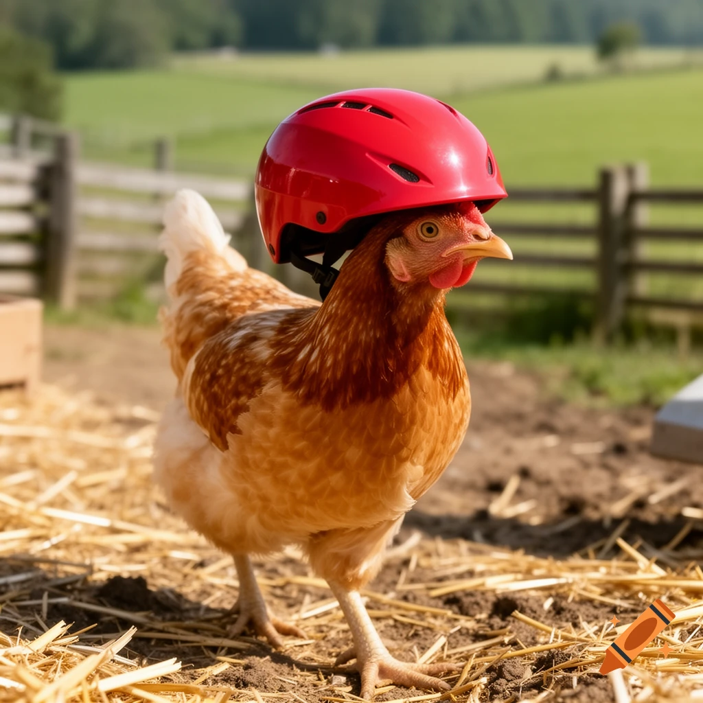 A brown chicken wears a bright red helmet while standing on straw and dirt in a sunny outdoor setting.
