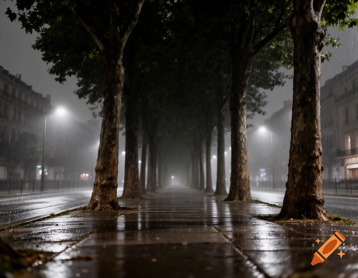 A low-angle, photorealistic view of a wet city sidewalk lined with large trees during a heavy rainstorm at night.