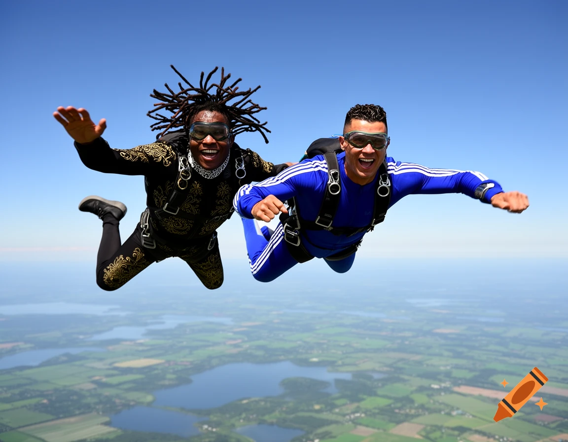 Two men in jumpsuits skydiving with outstretched arms above a scenic landscape with lakes and fields under a clear blue sky.