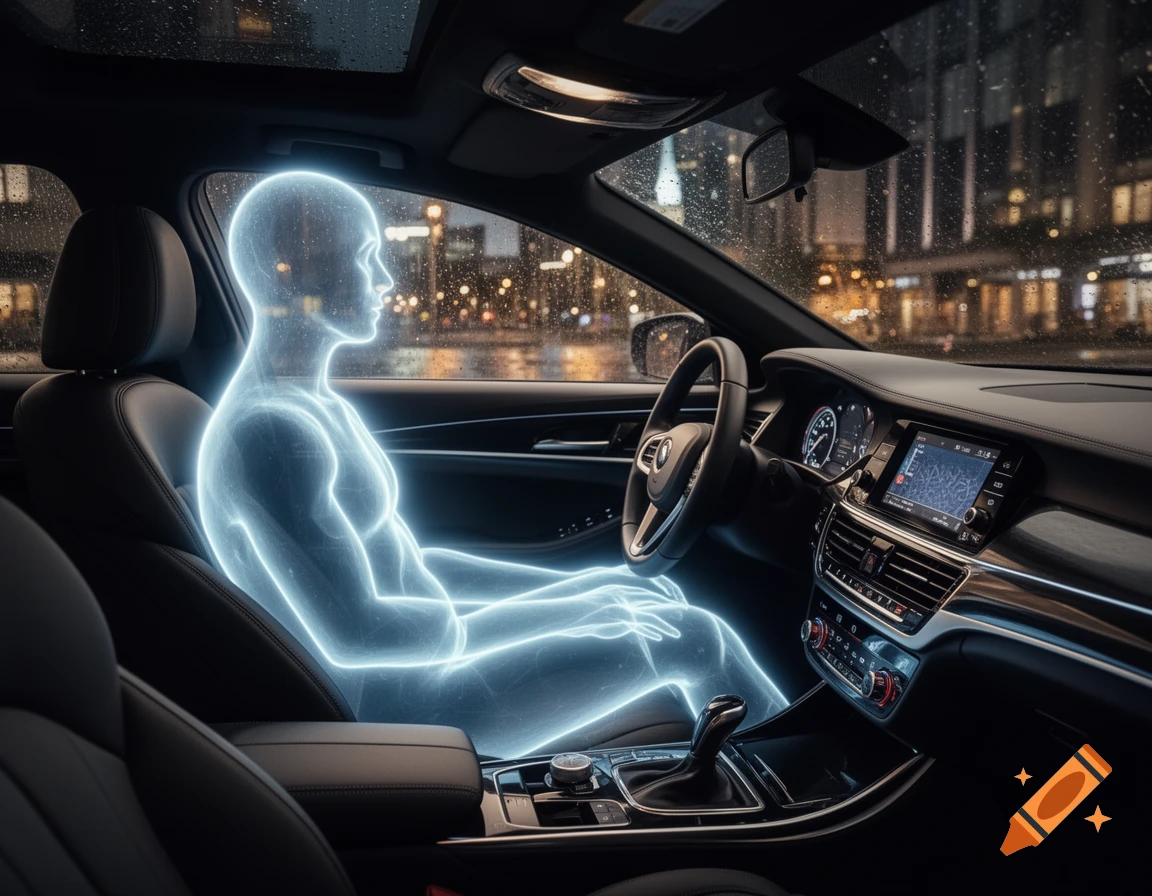 A glowing, translucent human figure sits in the driver's seat of a modern car at night, viewed from the passenger side.