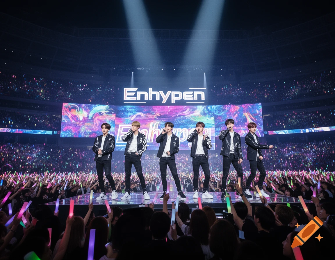 The K-pop band Enhypen performs on a brightly lit stage in a packed stadium, surrounded by a massive audience holding colorful light sticks.
