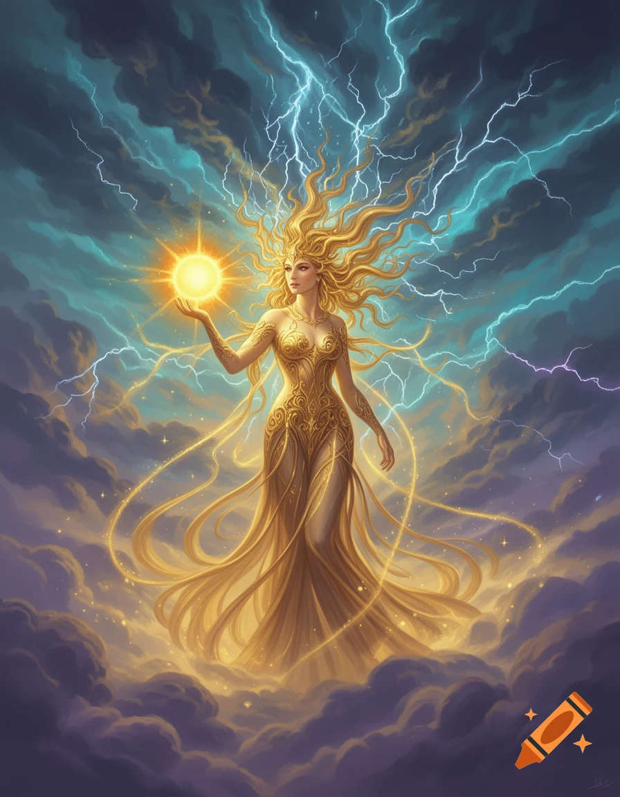 A golden goddess with flowing hair holds a glowing sun orb amidst stormy clouds and lightning in a vibrant fantasy illustration.
