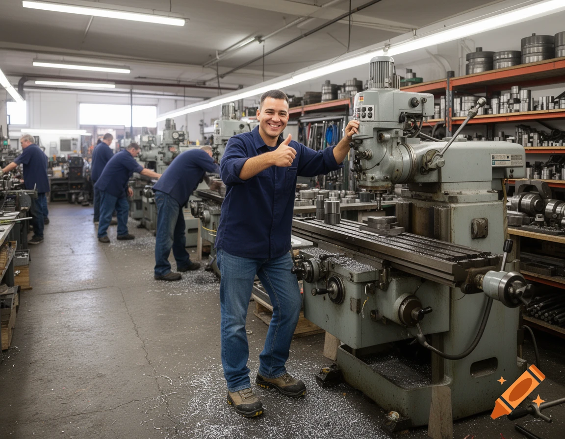 A smiling male worker in a blue shirt gives a thumbs-up next to a milling machine in a busy factory workshop.
