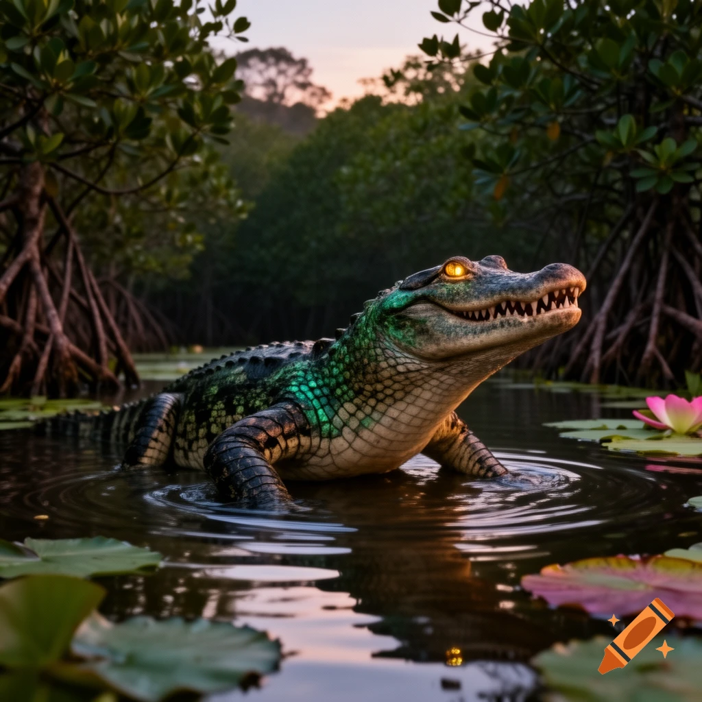 A close-up, photorealistic shot of a green alligator with glowing yellow eyes in a swamp, surrounded by mangrove roots and water lilies.