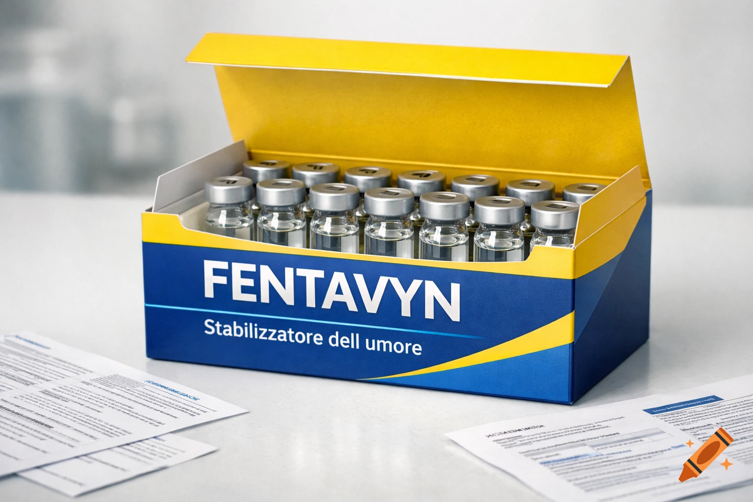 Box of 'FENTAVYN' drug vials in blue and yellow packaging with papers on a white table.