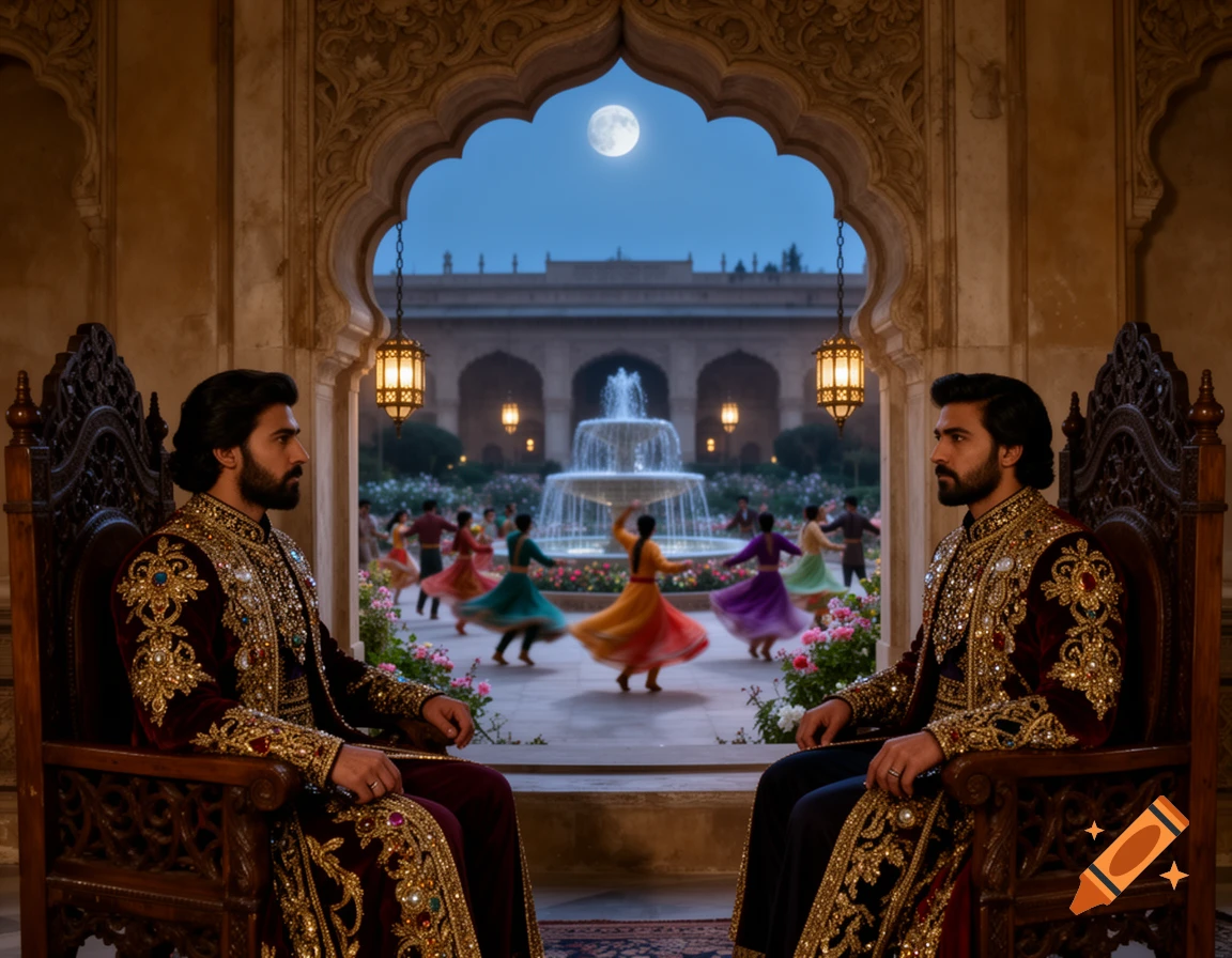 Two sad kings in ornate robes gaze from a palace archway at dancers in a moonlit courtyard.