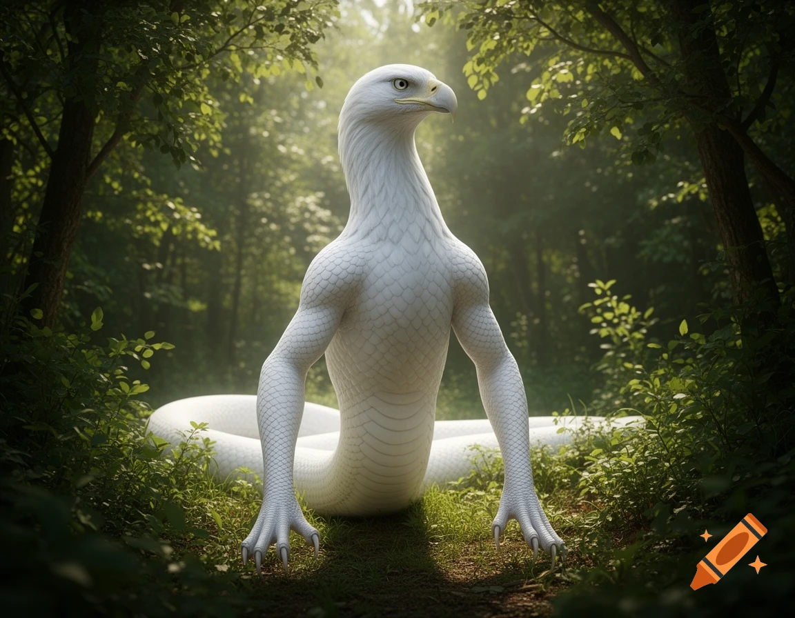 White serpent with an eagle head, muscular human-like arms, and clawed hands, standing in a sunlit forest.