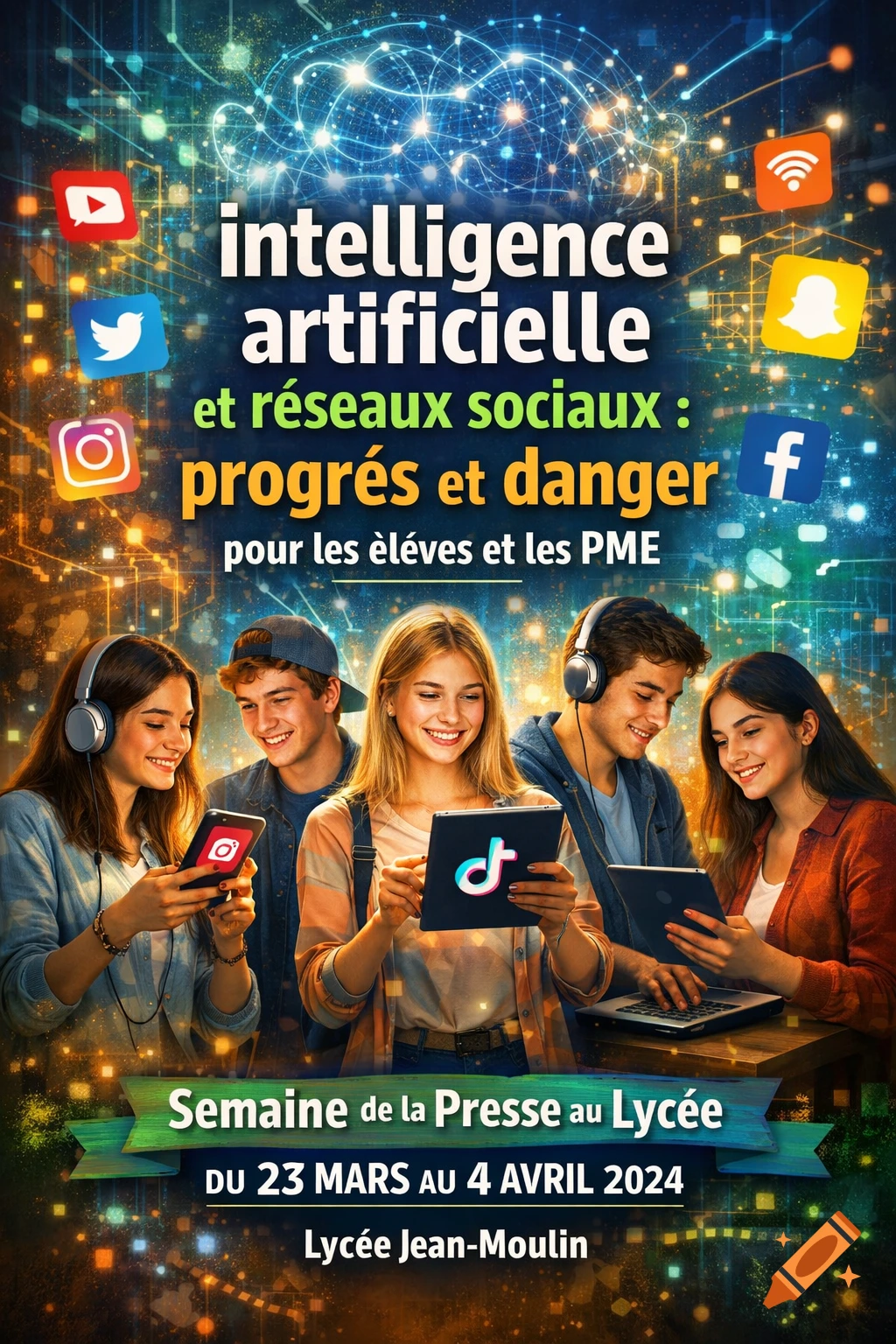 A vibrant poster depicting five smiling students with headphones and digital devices, surrounded by social media icons and a glowing network brain. Text about AI and social media is prominently displayed.