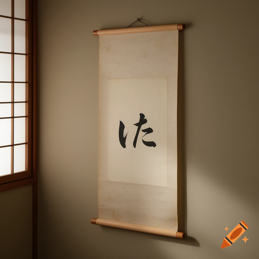 A Japanese calligraphy scroll with 'いた' hangs on a tan wall next to a shoji screen, with soft light.