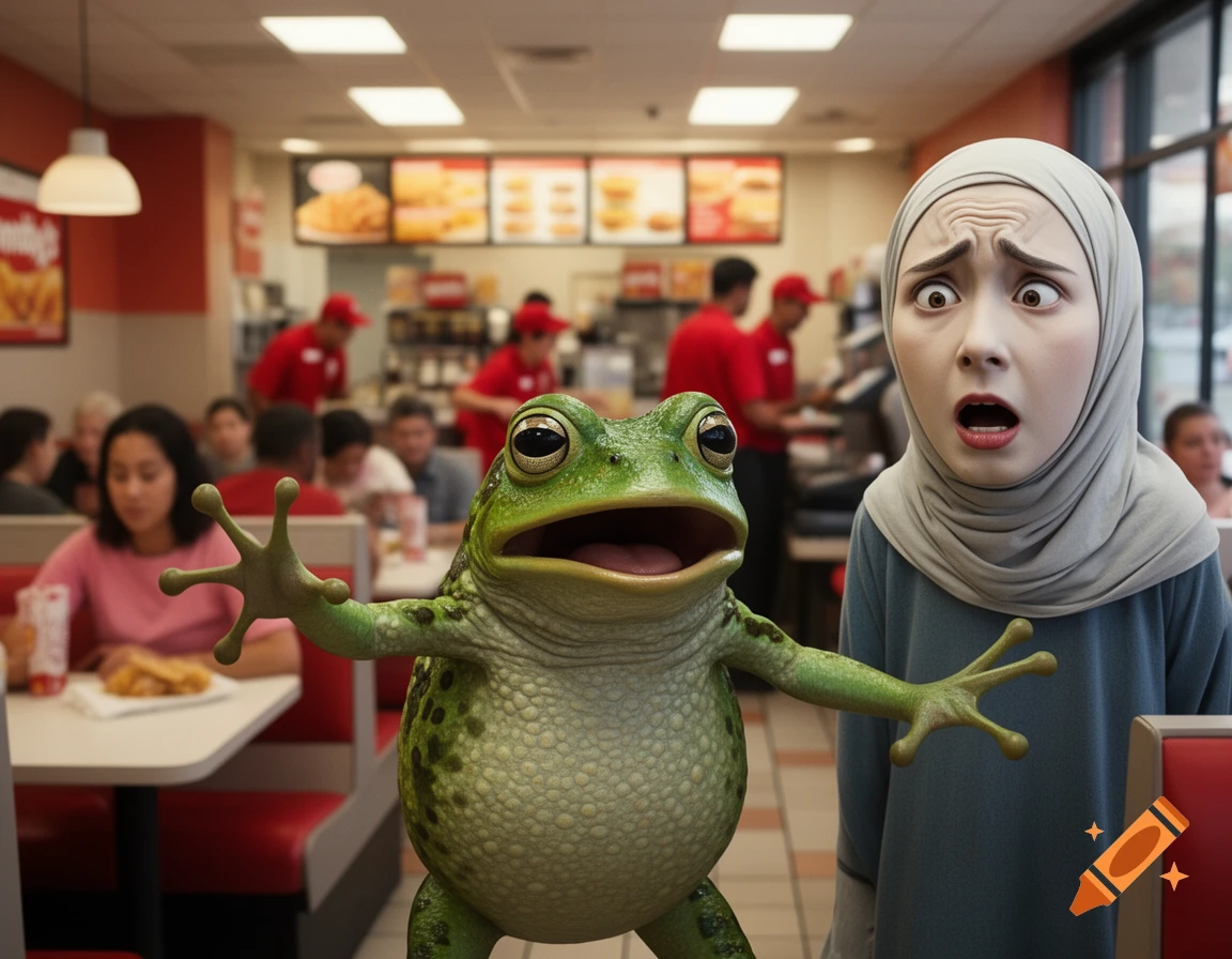A photorealistic frog with an open mouth stands next to a woman in a hijab with a shocked expression, inside a fast-food restaurant.