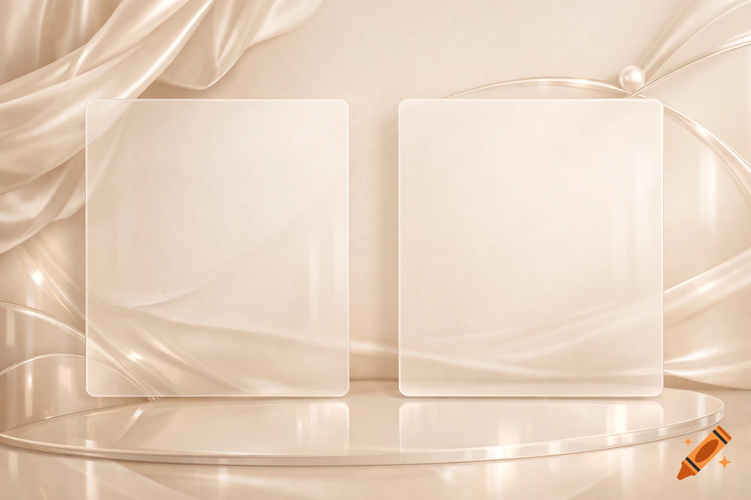 Two transparent panels on a reflective surface against flowing beige satin fabric with glossy waves and a pearl, minimalist style.