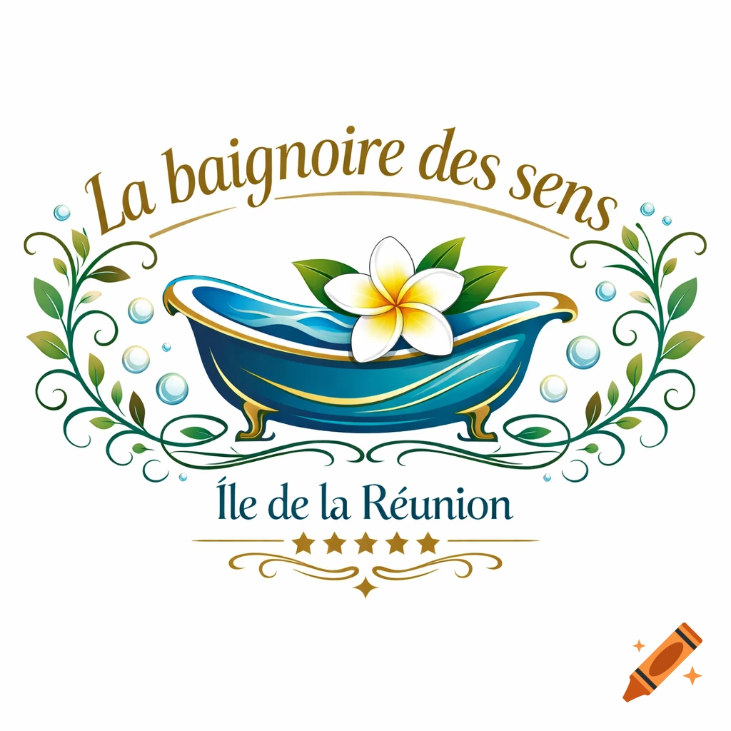 A stylized logo with a blue bathtub holding a white plumeria flower, framed by vines and bubbles. Text reads 'La baignoire des sens Île de la Réunion' with five stars.
