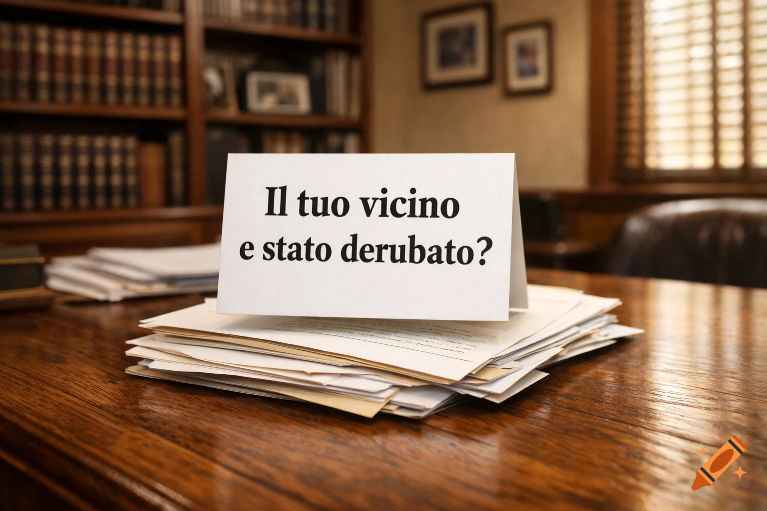 A piece of paper with the Italian text 'Il tuo vicino e stato derubato?' on a wooden desk in a study with bookshelves.