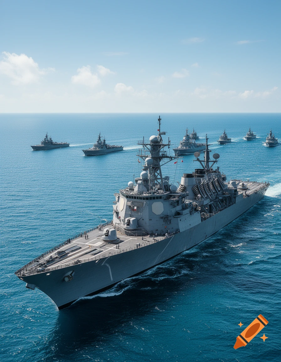 Aerial view of a fleet of modern gray warships sailing in formation on a blue sea under a partly cloudy sky.