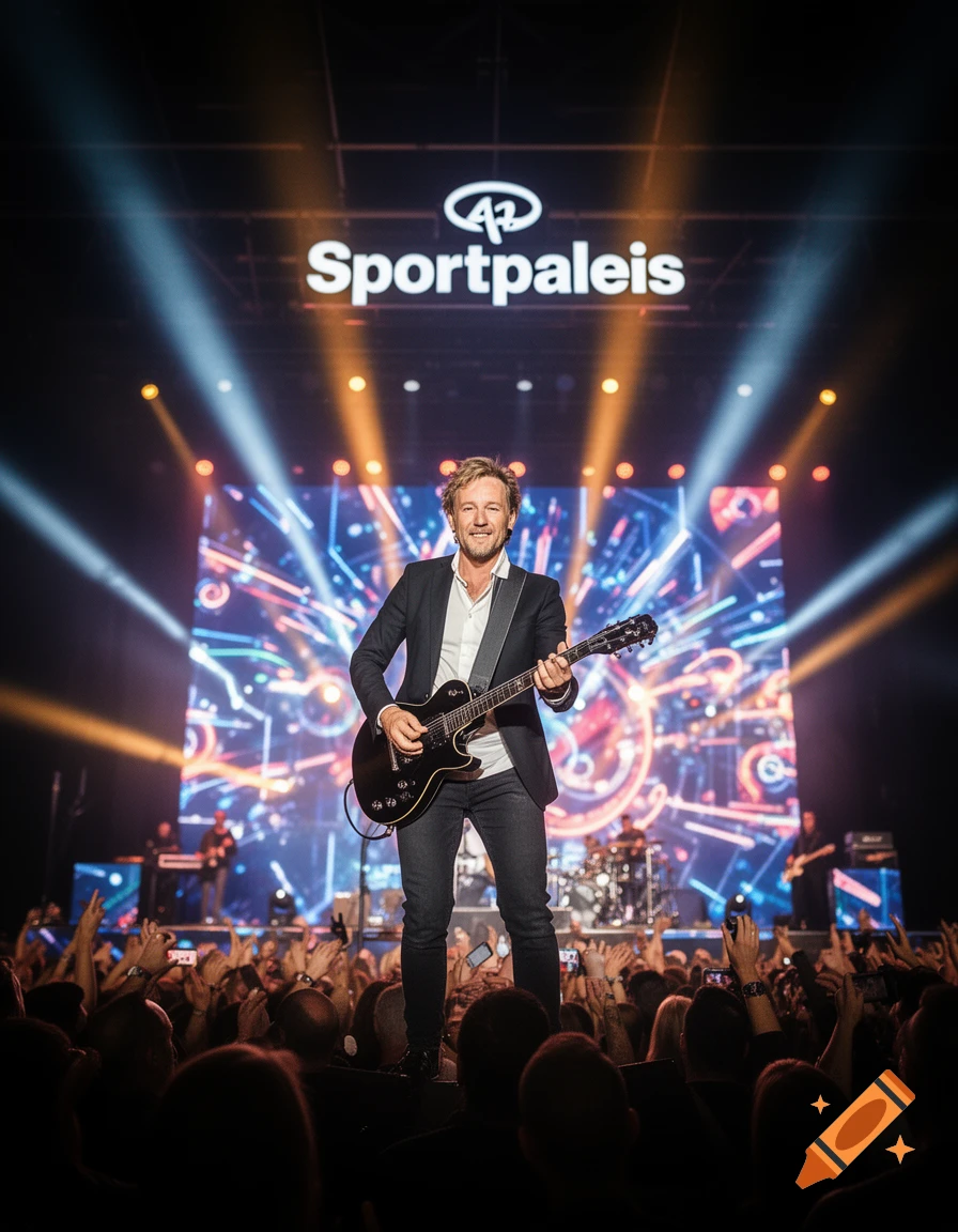 Male musician plays electric guitar on a brightly lit concert stage with a large crowd, screen displays 'Sportpaleis'.