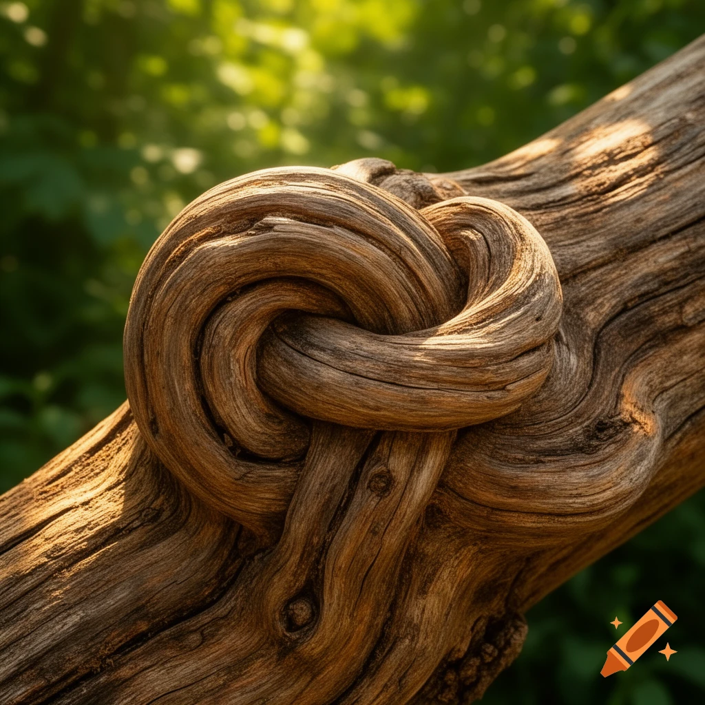 A gnarled wooden branch tied in a complex knot, with sunlight highlighting its texture against a blurry green background.