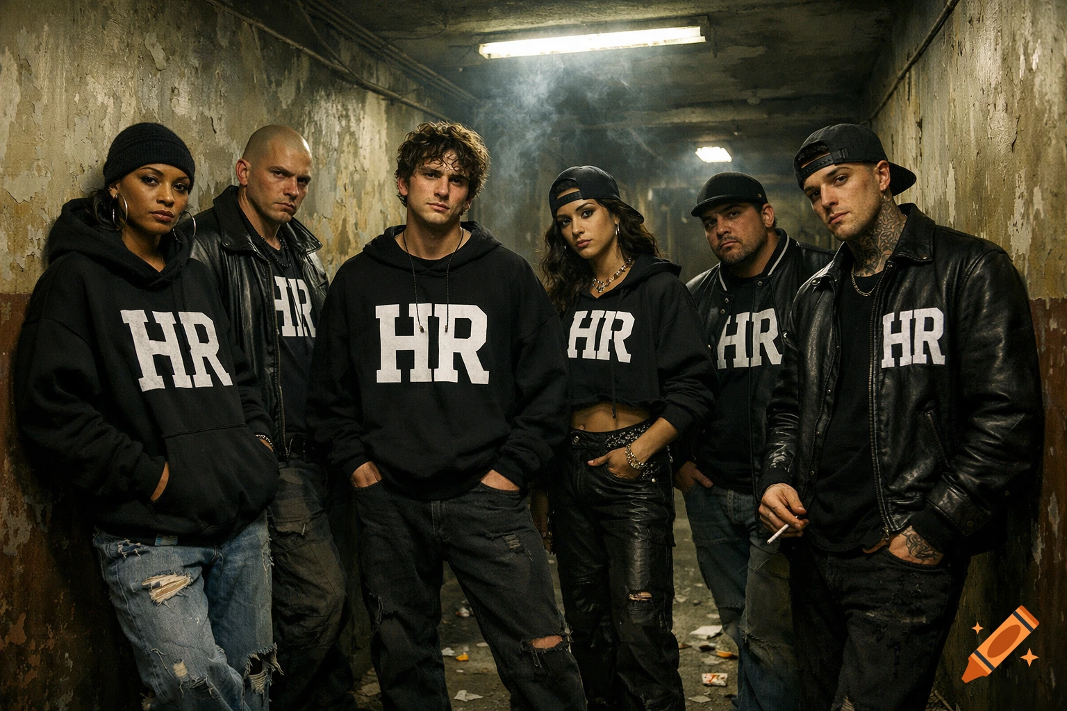 Six young people in black 'HR' hoodies and jackets loiter in a dimly lit, grungy urban hallway. Photorealistic.